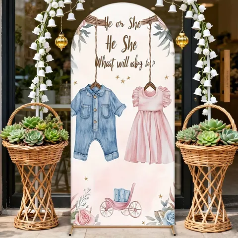 Housse de Toile de Fond Arche Révélation de Genre Thème Vêtements Bébé Tissu de Fond de Fête Motif Floral Étoiles Décoration de Baby Shower