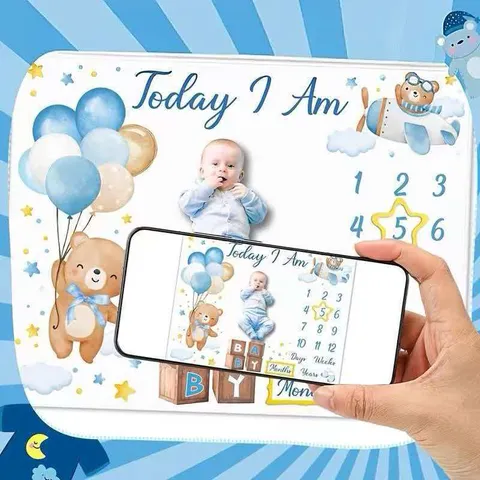 Baby Milestone Blanket Infant Growth Memorial Blanket Soft Polyester Bear Balloon Print Photography Prop Background For Newborns