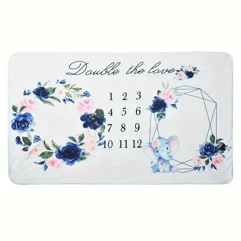 Coperta Pietra Miliare per Gemelli in Poliestere Floreale Crescita Mensile Accessorio Fotografico Doppio Amore Motivo Elefante Sfondo