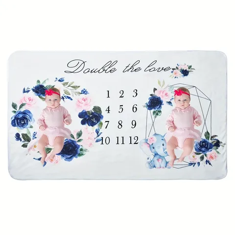 Coperta Pietra Miliare per Gemelli in Poliestere Floreale Crescita Mensile Accessorio Fotografico Doppio Amore Motivo Elefante Sfondo