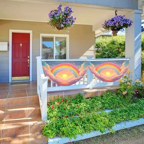 Bandera Decorativa en Forma de Abanico Arco Iris Amanecer Poliéster Estampado Banderines Valla Jardín Banner Paisaje Exterior