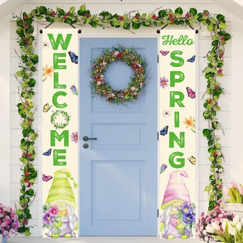 Welcome Spring Gnome Porch Banner Set Outdoor Hanging Sign Floral Garden Door Decoration Hello Spring Pongee Banner Pair