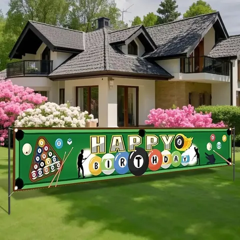 Billiards Theme Birthday Party Banner Polyester Printed Pool Table Graphic Backdrop Hanging Decoration Sports Fan Favor