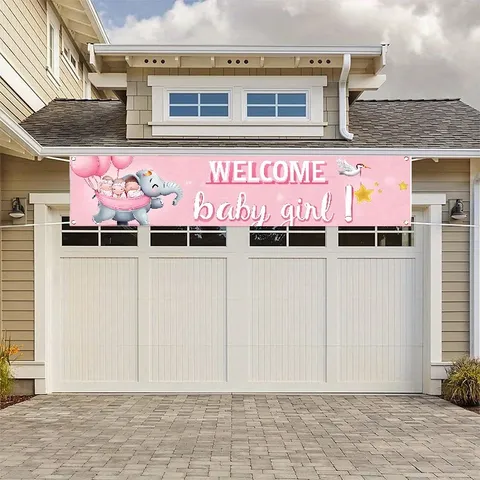 Pink Elephant Baby Shower Banner Backdrop Polyester Welcome Baby Girl Cartoon Elephant Yard Fence Decorative Hanging Poster Cloth For Newborn Party Supplies