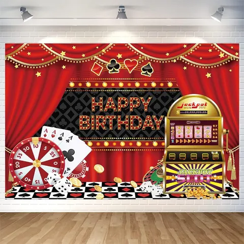Sfondo di Buon Compleanno a Tema Casinò Decorazione per Feste in Stile Las Vegas Sipario Rosso Carte da Gioco Dadi Roulette