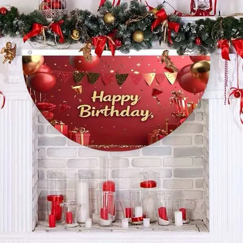 Red Gold Fan Shaped Birthday Decoration Banner Polyester Happy Birthday Hanging Flag For Party Fence Wall Decor