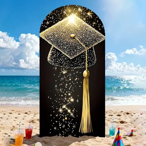 Copertura Sfondo ad Arco Stagione della Laurea Stampa Tocco Nero e Oro Banner Decorazione Festa per Cerimonia Celebrazione Eventi