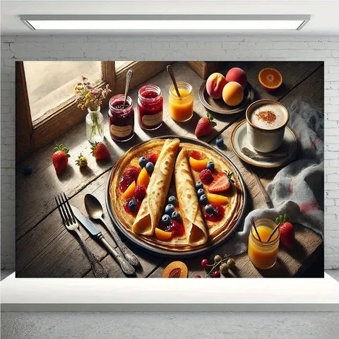 Vintage Franse Flensje Eten Fotografie Achtergrond Pongee Polyester Rustieke Houten Tafel Dessert Feest Ontbijt Studio Achtergrond