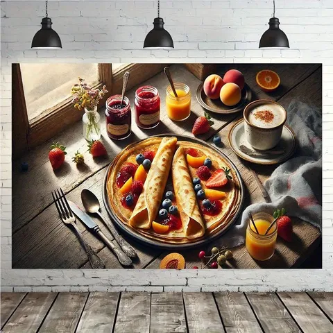 Vintage Franse Flensje Eten Fotografie Achtergrond Pongee Polyester Rustieke Houten Tafel Dessert Feest Ontbijt Studio Achtergrond