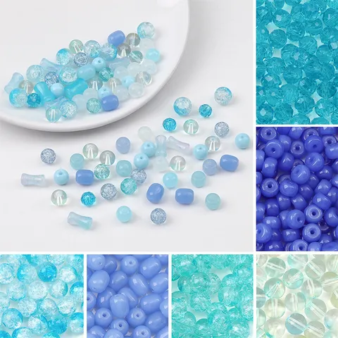 Blue Series Glass Beads For DIY Jewelry Making Round Bamboo Shape Jelly Texture Coloured Glaze Beads Accessories For Handmade Bracelet Necklace