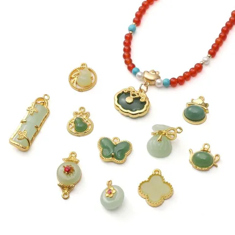 Colgantes de Aleación de Nuevo Estilo Chino Vidrio Imitación de Jade Calabaza Cerradura Ping An Bolsa de la Fortuna para Hacer Joyas Pulseras DIY Mujer