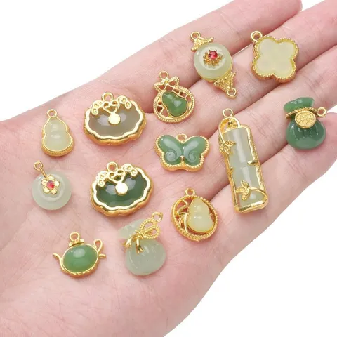 Colgantes de Aleación de Nuevo Estilo Chino Vidrio Imitación de Jade Calabaza Cerradura Ping An Bolsa de la Fortuna para Hacer Joyas Pulseras DIY Mujer