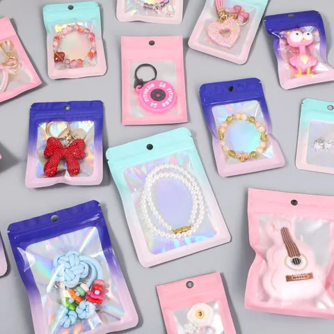 Bolsas de Embalaje de Joyería de Color Holográfico Con Ventana Transparente Bolsas de Plástico con Cierre de Cremallera Láser para Pequeños Regalos Almacenamiento de Accesorios de Joyería