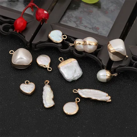 Natural Shell Irregular Baroque Pendant Handmade DIY Necklace Connector Accessory Gold Edging Freshwater Pearl Style Charm