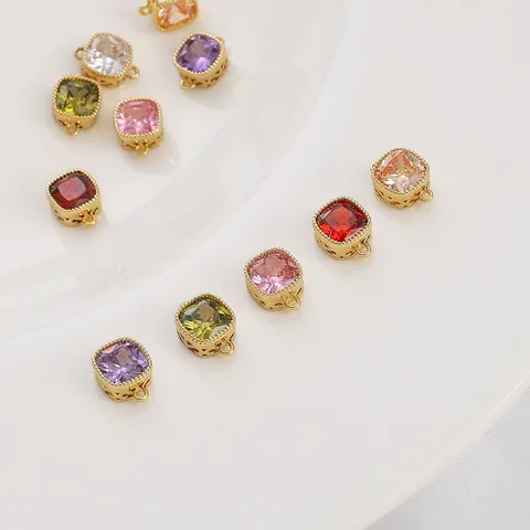 14K Gold Plated Copper Square Colorful Zirconia Double Bail Pendant For DIY Bracelet Necklace Jewelry Making Finding Women