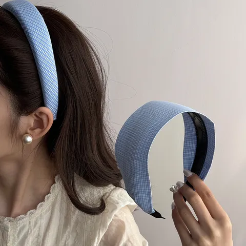 Cerchietto in Tessuto a Quadretti Blu e Bianchi Stile Coreano per Donna Cerchietto Vintage Largo e Stretto Elegante Scrunchie in Tessuto