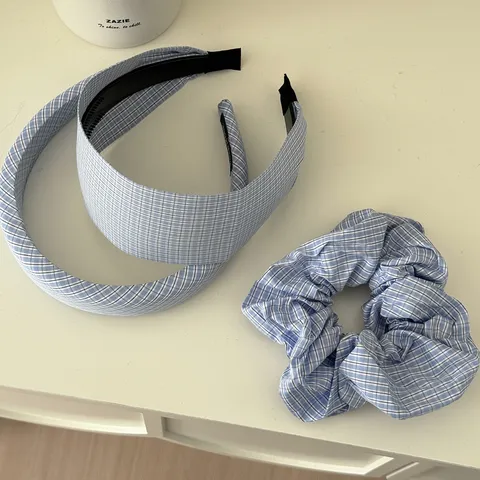 Cerchietto in Tessuto a Quadretti Blu e Bianchi Stile Coreano per Donna Cerchietto Vintage Largo e Stretto Elegante Scrunchie in Tessuto