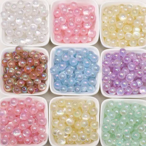 Acrylic Cat Eye Iridescent Round Beads UV Electroplated Macaron Color Loose Spacers For DIY Jewelry Making Bracelet Necklace