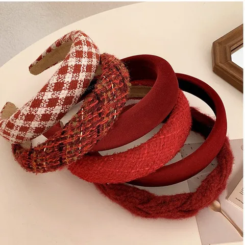 French Vintage Red Headband For Women New Year Christmas Festival Hair Band Padded Thickened Retro Velvet Tweed Plaid Hair Accessories