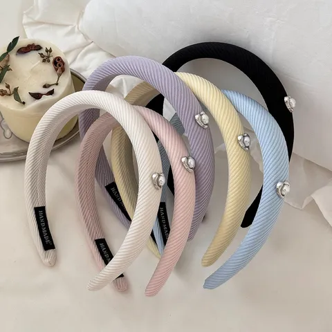 Korean Style Heart Artificial Pearl Headband Elegant Ribbed Fabric Hairband For Women Minimalist Solid Color Hair Accessories
