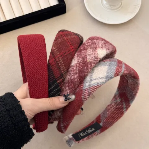 Autumn Winter Red Plaid Woolen Headband For Women Christmas New Year Wide Brim High Top Hair Band Handmade Hair Accessories