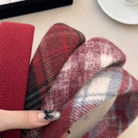 Autumn Winter Red Plaid Woolen Headband For Women Christmas New Year Wide Brim High Top Hair Band Handmade Hair Accessories