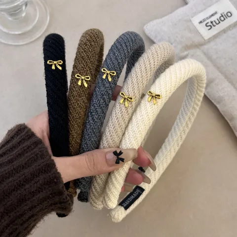 Koreaanse Stijl Twill Gebreide Wollen Haarband Goud Metalen Vlinder Strik Hoofdband Voor Vrouwen Zoete Mode Haaraccessoires