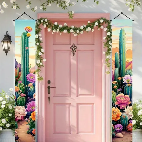 Desert Cactus Floral Theme Porch Banner Outdoor Entrance Door Hanging Decoration Set Pongee Polyester Couplet Banner