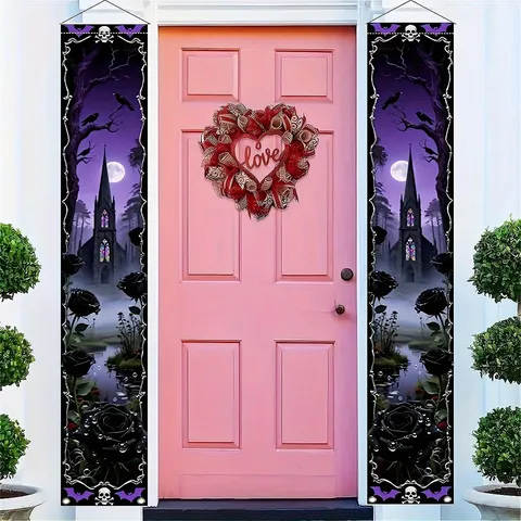 Dark Gothic Porch Banner Halloween Castle Crow Skull Pattern Pongee Door Couplet Set Outdoor Hanging Flag Decoration