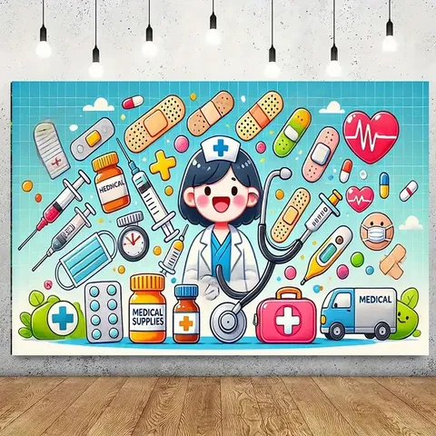 Toile de Fond Photographique Thème Infirmière Tissu Pongé Éléments Médicaux Imprimés Tapisserie pour Décoration Fête des Infirmières