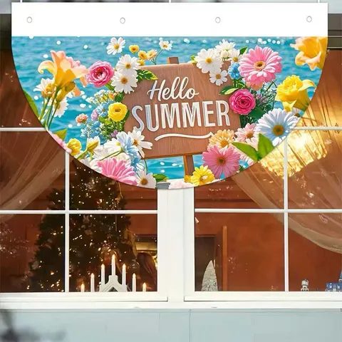 Summer Floral Fan-Shaped Decorative Flag Outdoor Garden Banner Printed Hello Summer Polyester Bunting For Yard Party Decoration