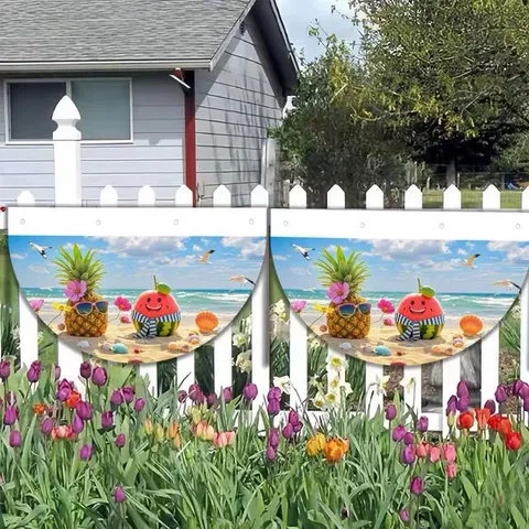 Summer Fruit Beach Theme Half Circle Fan Flag Cartoon Pineapple Watermelon Bunting Banner For Garden Fence Party Decoration Kids Hanging Flag