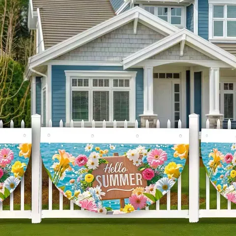 Summer Floral Fan-Shaped Decorative Flag Outdoor Garden Banner Printed Hello Summer Polyester Bunting For Yard Party Decoration