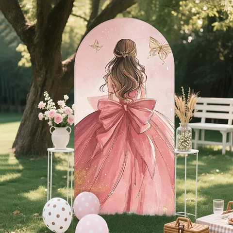Pink Princess Dress Girl Birthday Party Arch Backdrop Cover Aesthetic Butterfly Illustration Archway Decoration Elastic Polyester Backdrop