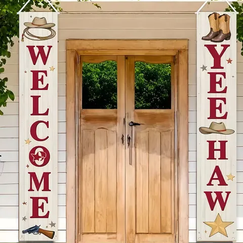 Western Cowboy Theme Porch Banner Set Welcome Yeehaw Polyester Door Hanging Decoration For Indoor Outdoor Party Home Decor