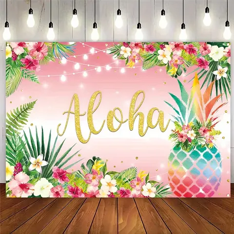Hawaiian Aloha Theme Backdrop Tropical Floral Colorful Pineapple Summer Party Decoration Pongee Polyester Photography Background Wall Tapestry