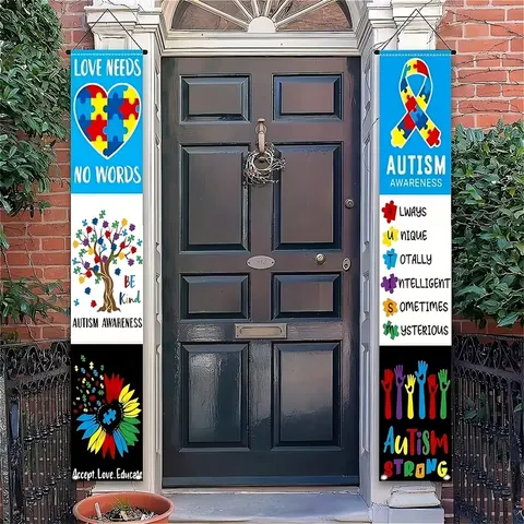 Autism Awareness Porch Sign Decoration 2Pcs Set Colorful Puzzle Piece Heart Print Polyester Hanging Door Banner For Outdoor Home Decor
