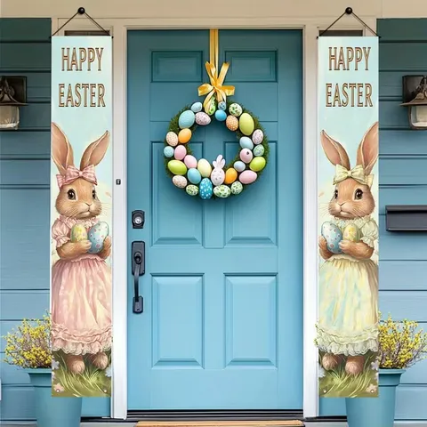 Happy Easter Porch Banner Set Of 2 Polyester Easter Bunny Egg Hanging Flag For Front Door Holiday Home Wall Decor