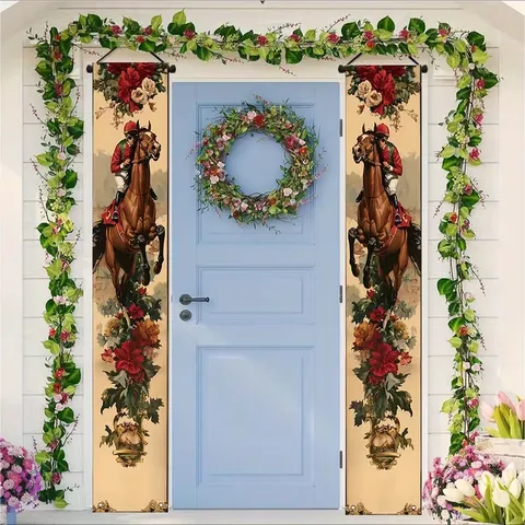 Banner Copla Cortina de Puerta de Pongee con Impresión Digital de Jockey de Carreras de Caballos Retro Decoraciones para Fiestas Temáticas de Kentucky Derby Letrero de Porche