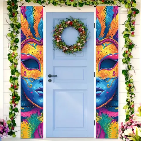 Mardi Gras Porch Banner Pair Artistic Feather Mask Carnival Door Flag Set For Outdoor Yard Garden Party Decor Printed Polyester Banners