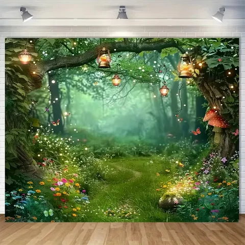 Enchanted Forest Photography Backdrop Fairy Tale Elf Cabin Mushroom Butterfly Waterfall Birthday Party Decor Tapestry