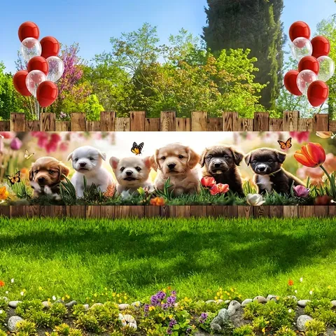 Puppy Dog Garden Banner Spring Theme Floral Butterfly Outdoor Decorative Banner For Backyard Fence Wall Party Banner Decorations
