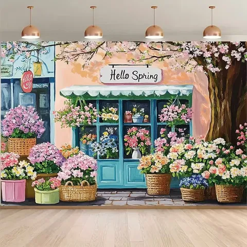 Spring Flower Shop Photography Backdrop Romantic Floral Store Printed Wall Hanging Tapestry For Party Event Photo Studio Prop Polyester Banner