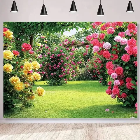 Toile de Fond Photographie Pastorale Florale Jardin de Roses Décoration de Fond pour Fête Mariage Séance Photo Tissu Pongee Imprimé