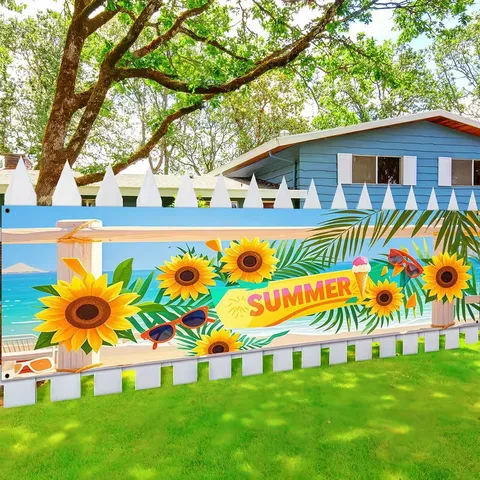 Summer Sunflower Outdoor Garden Banner Decorative Palm Leaf Ice Cream Pattern Polyester Yard Porch Fence Hanging Sign Party Decoration