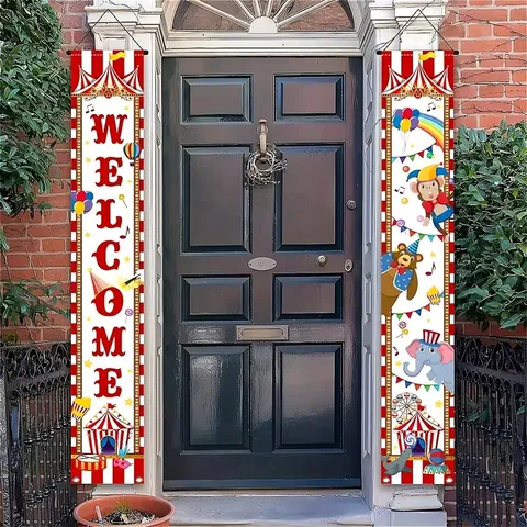 Circus Carnival Theme Door Banner Set Welcome Animal Print Porch Decoration For Carnival Birthday Party Polyester Banners
