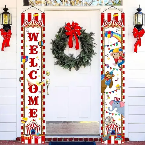 Circus Carnival Theme Door Banner Set Welcome Animal Print Porch Decoration For Carnival Birthday Party Polyester Banners