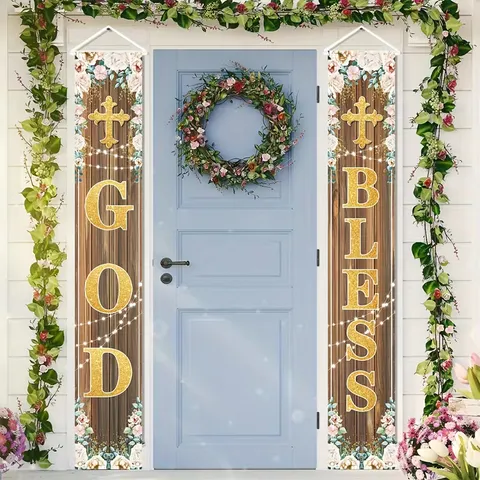 God Bless Porch Banner Religious Baptism Decoration Rustic Wood Floral Hanging Door Sign Outdoor Celebration Banner Set