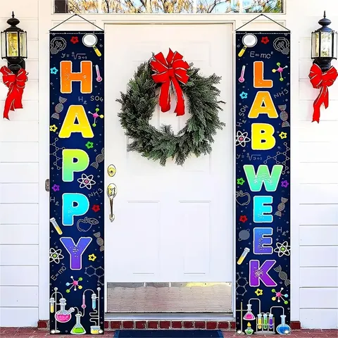 Happy Lab Week Porch Banner Science Lab Chemistry Biology Design Outdoor Hanging Flag Door Sign For School Lab Decoration