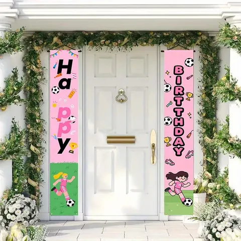 Rosa Fußball Thema Happy Birthday Tür Banner Polyester Sportlich Cartoon Mädchen Party Dekoration Ohrfeige Hängendes Banner Für Kinder
